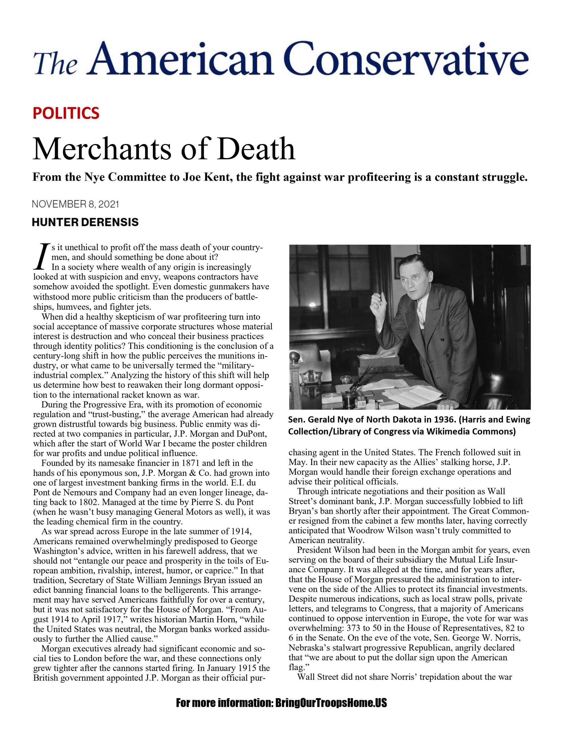 Merchants of Death: From the Nye Committee to Joe Kent, the Fight Against War Profiteering Is a Constant Struggle