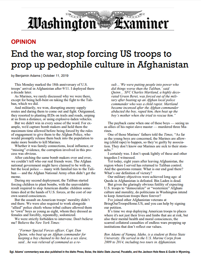 End the war, stop forcing US troops to prop up pedophile culture in Afghanistan