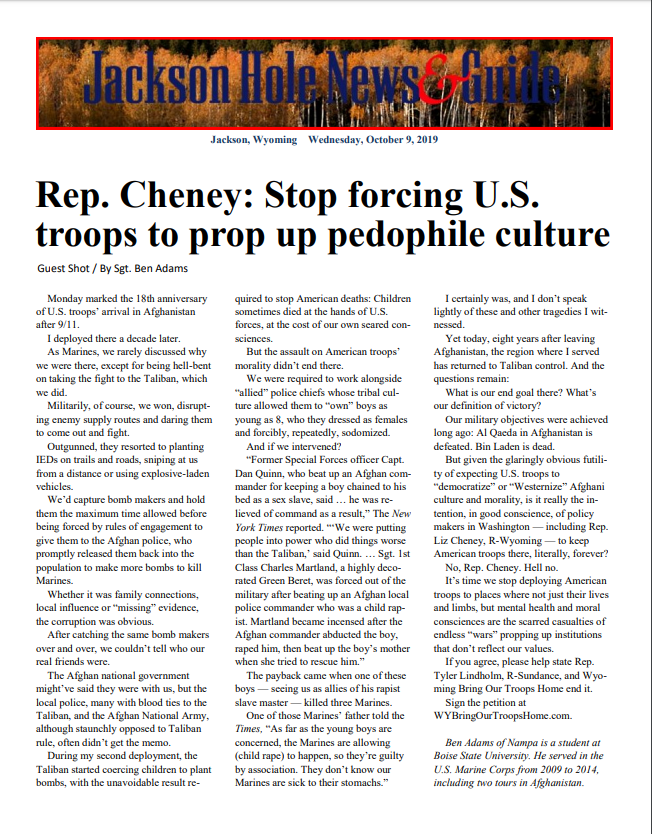Rep. Cheney: Stop forcing U.S. troops to prop up pedophile culture