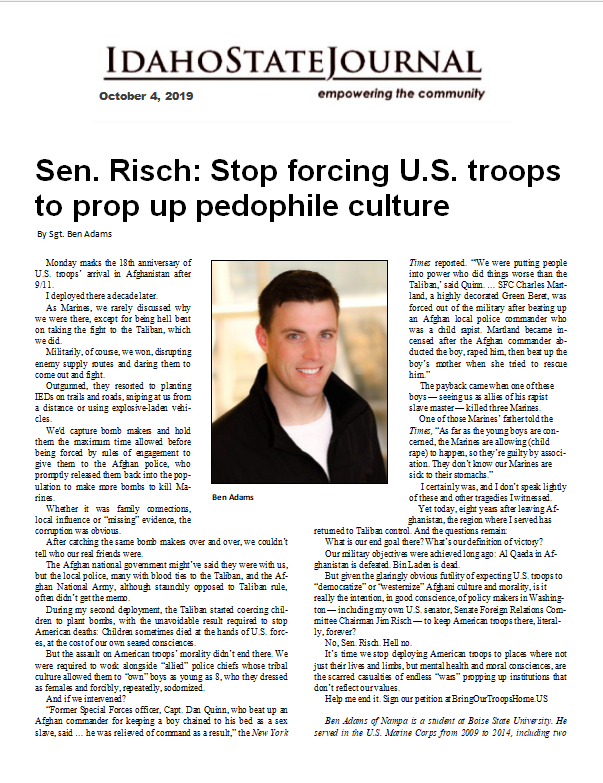 Sen. Risch: Stop forcing U.S. troops to prop up pedophile culture