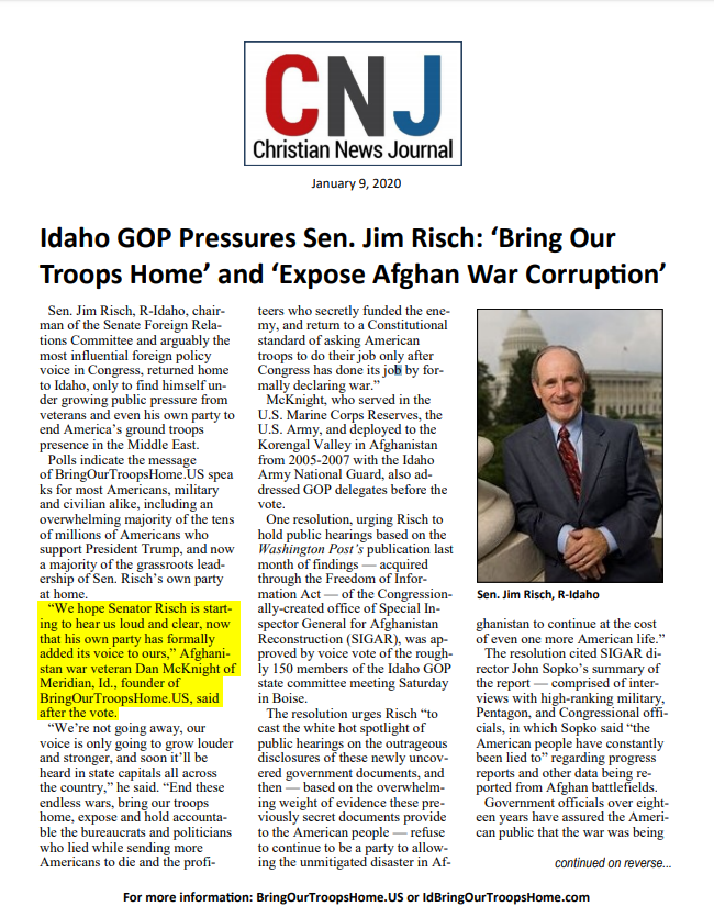 Idaho GOP Pressures Sen. Jim Risch: ‘Bring Our Troops Home’ and ‘Expose Afghan War Corruption’
