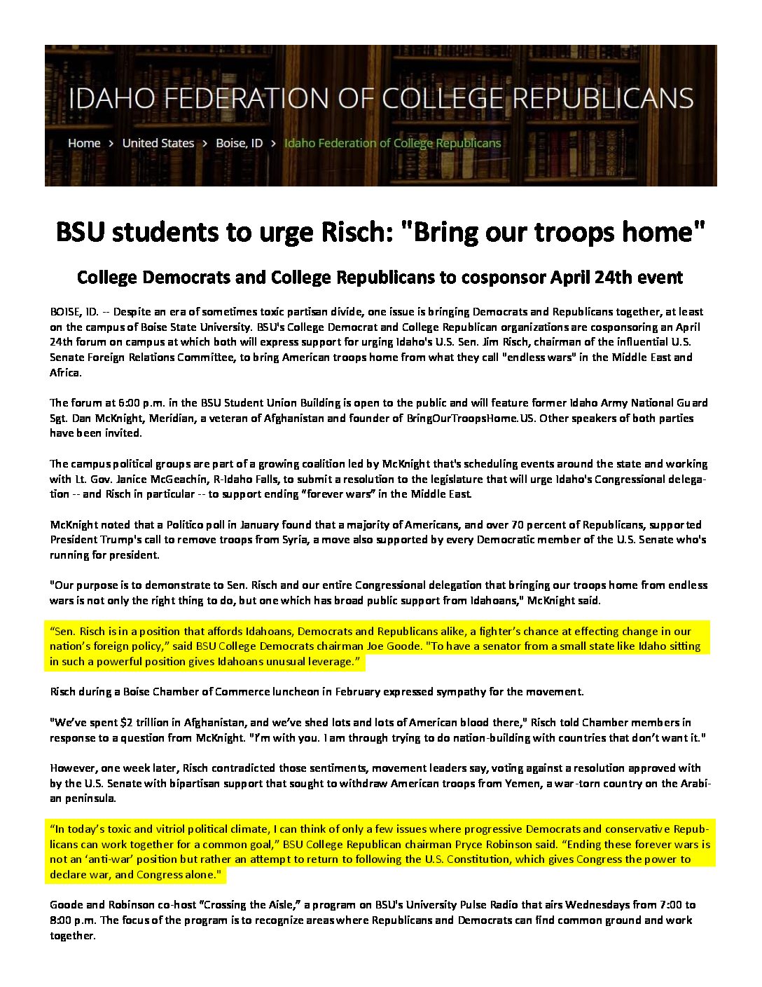 College Republicans – BSU students to urge Risch _Bring our troops home_