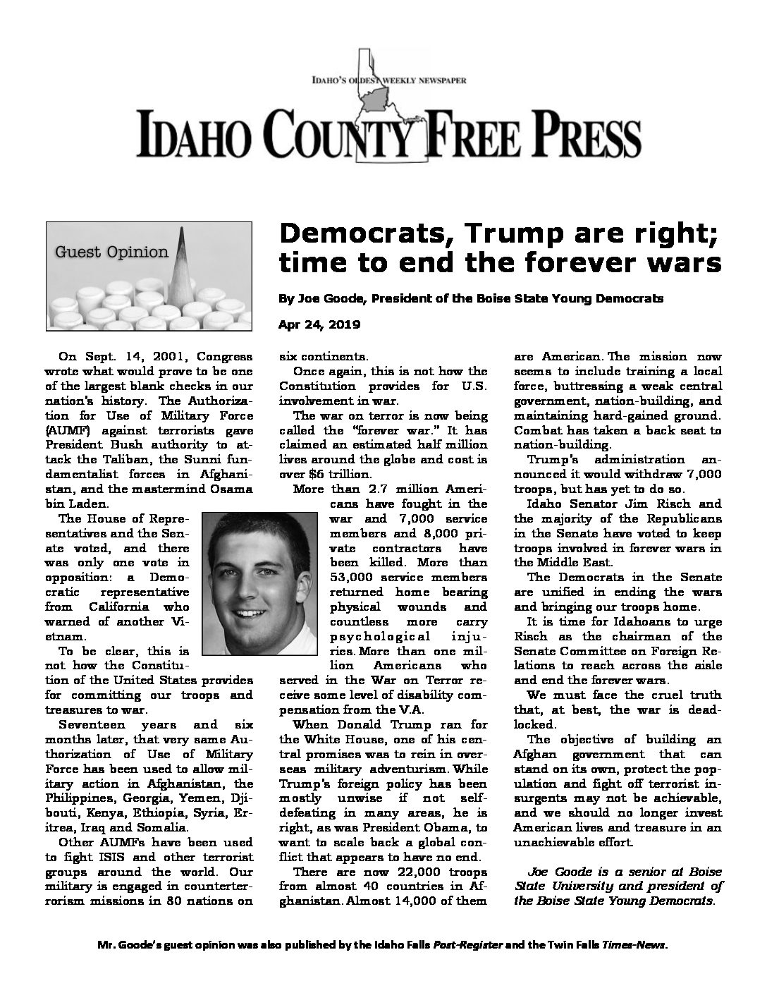 Idaho County Free Press – Democrats, Trump are right – time to end the forever wars