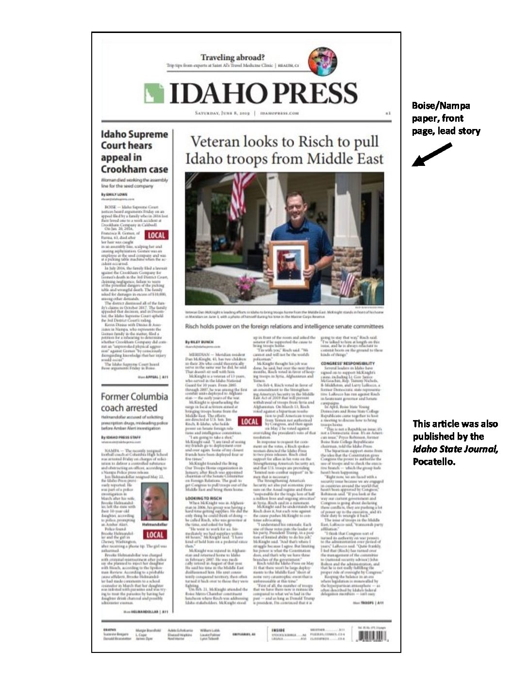 Idaho Press front page – Veteran looks to Risch to pull Idaho troops from Middle East