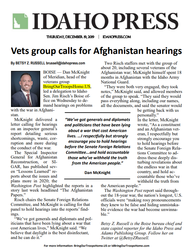 Idaho Press – Call for Afghanistan Hearings
