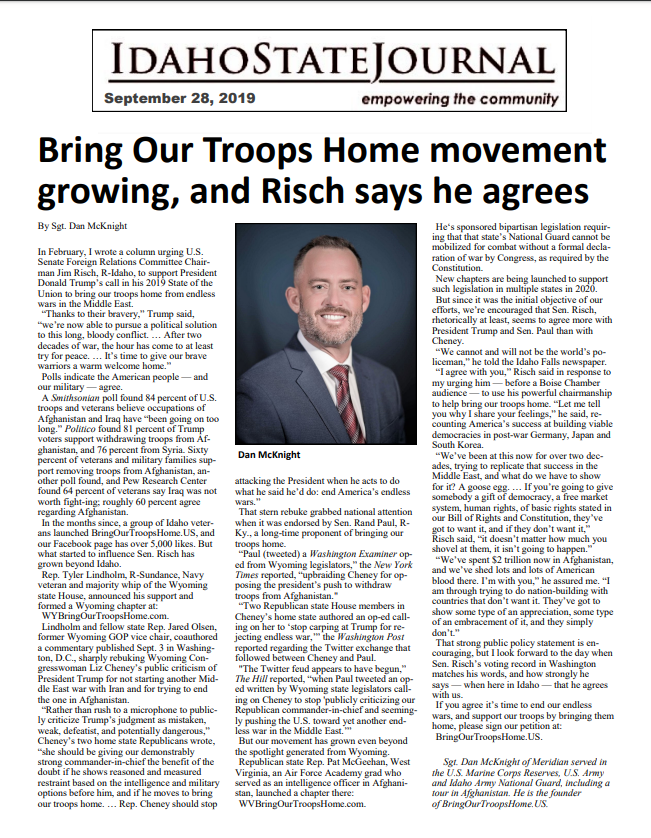 Bring Our Troops Home movement growing, and Risch says he agrees