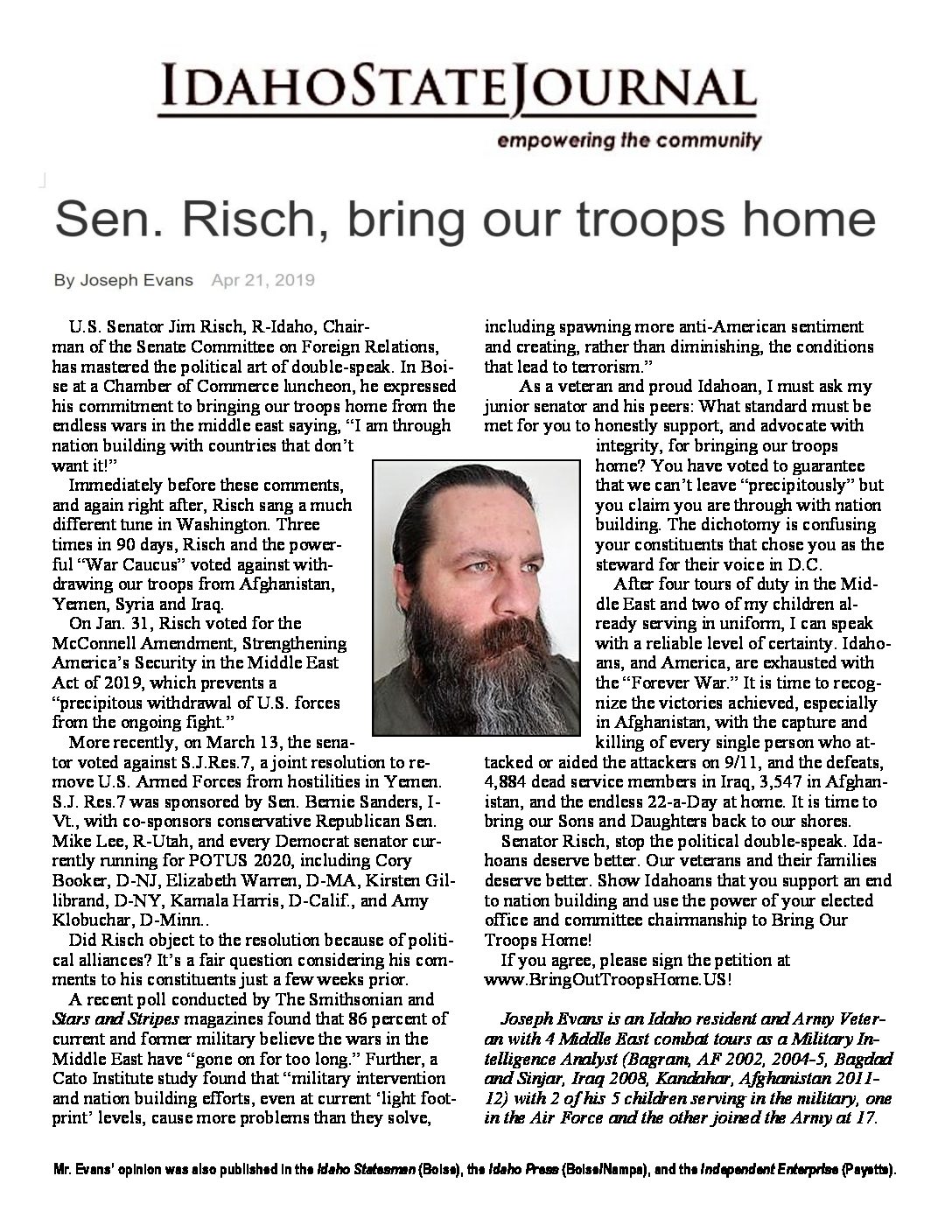 Idaho State Journal – Sen. Risch, bring our troops home