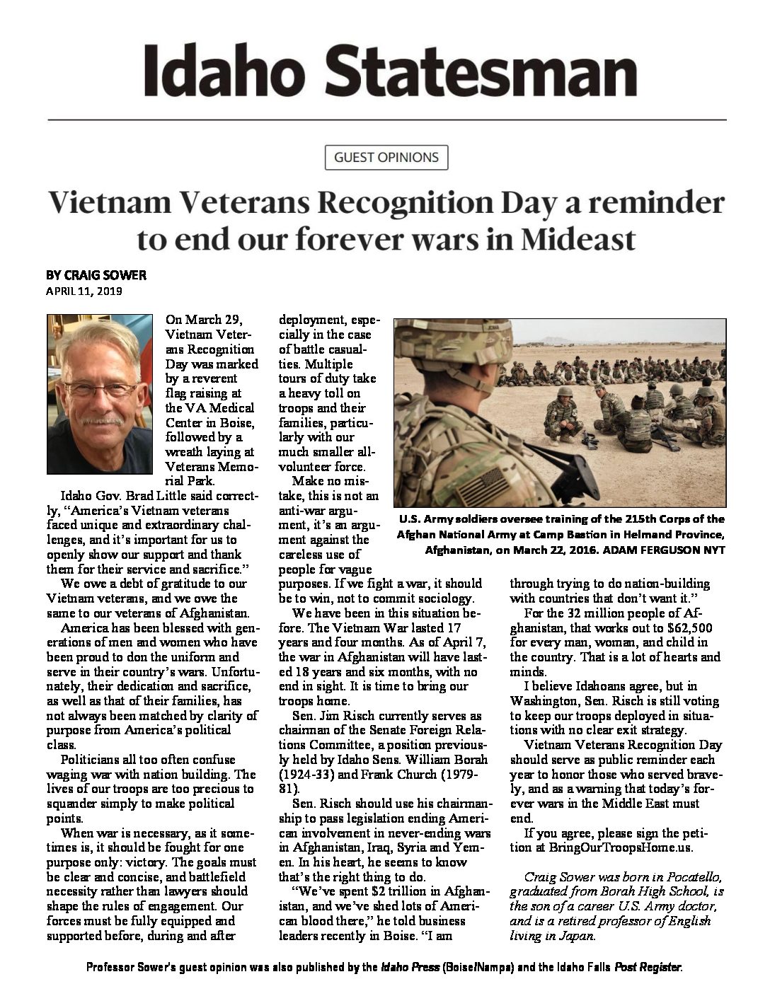 Idaho Statesman – Vietnam Veteran Recognition Day a reminder to end our forever wars in Mideast