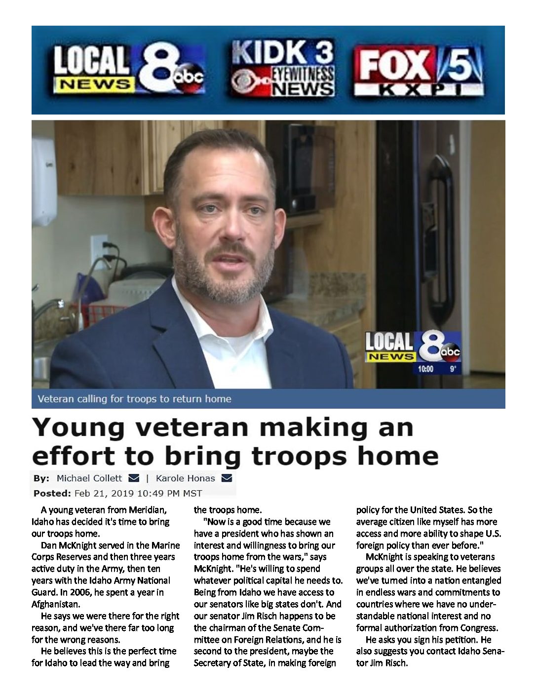 Local News 8 – Young veteran making an effort to bring troops home