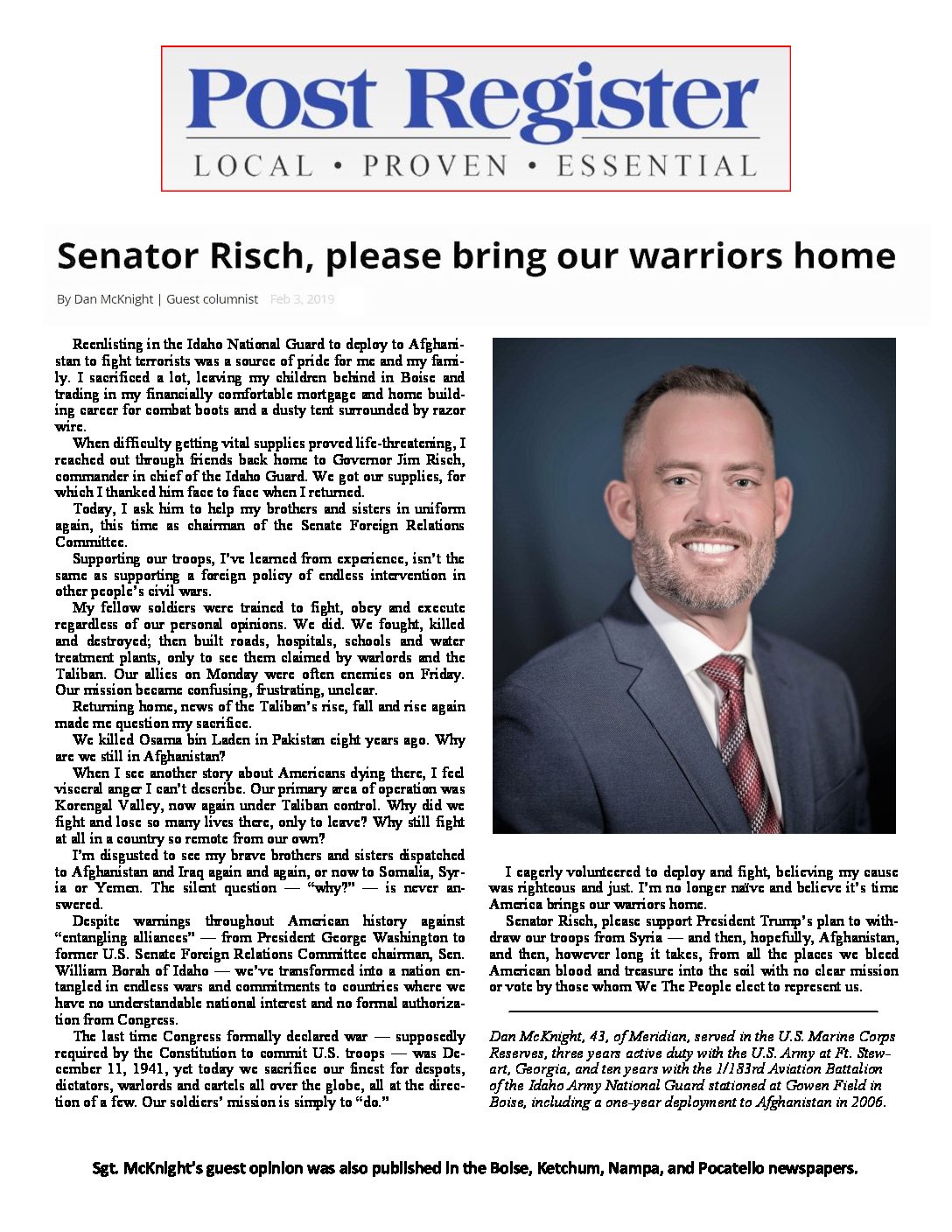 Post Register – Senator Risch, please bring our warriors home