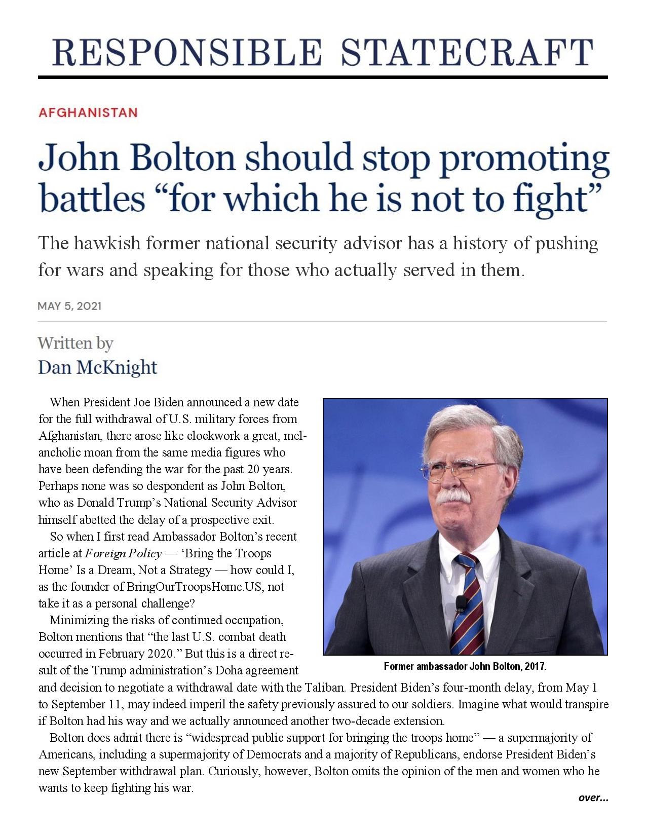 John Bolton Should Stop Promoting Battles “For Which He Is Not to Fight”