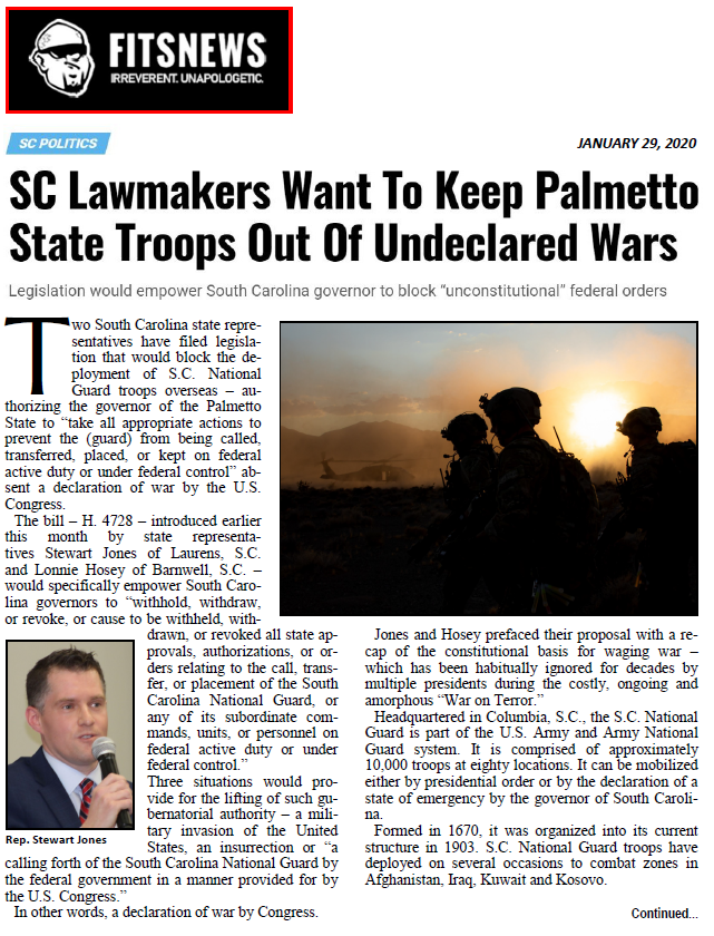 SC Lawmakers Want To Keep Palmetto State Troops Out Of Undeclared Wars