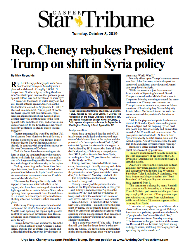 Rep. Cheney rebukes President Trump on shift in Syria policy