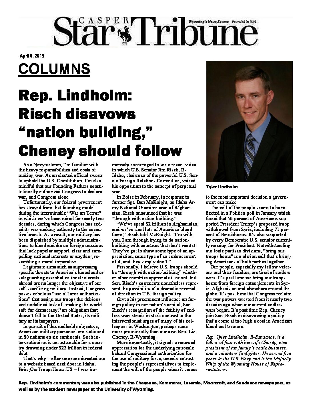 Star Tribune – Rep. Lindholm – Risch disavows _nation building,_ Cheney should follow