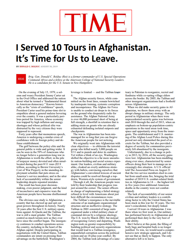 TIME – I Served 10 Tours in Afghanistan. It’s Time for Us to Leave.