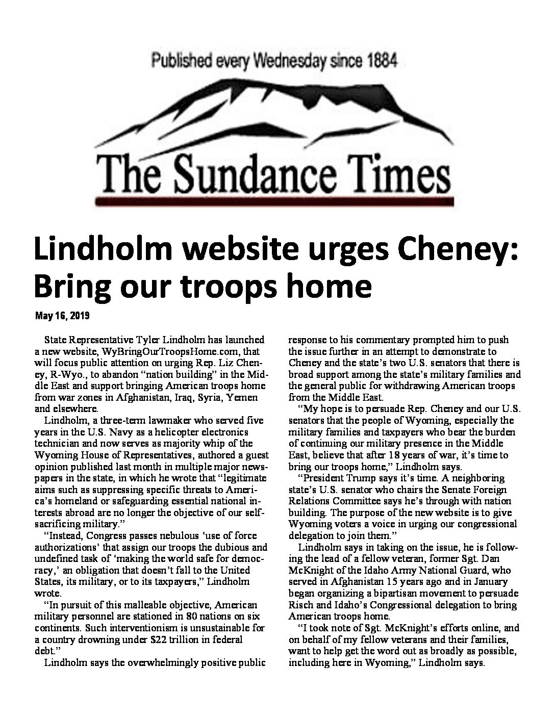 The Sundance Times – Lindholm website urges Cheney – Bring Our Troops Home
